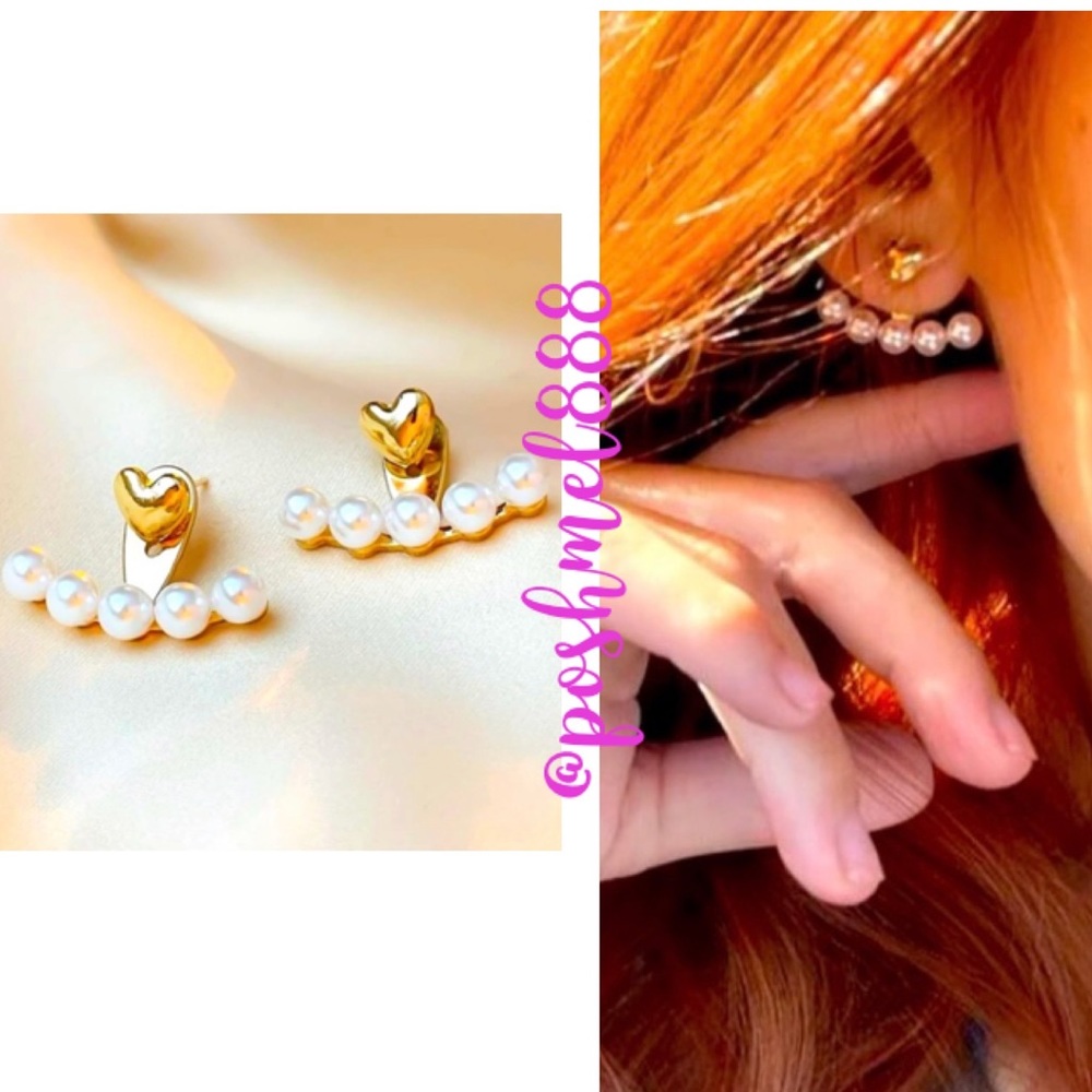 Delicately Dainty Gold Heart & Pearl Ear Jacket Earrings